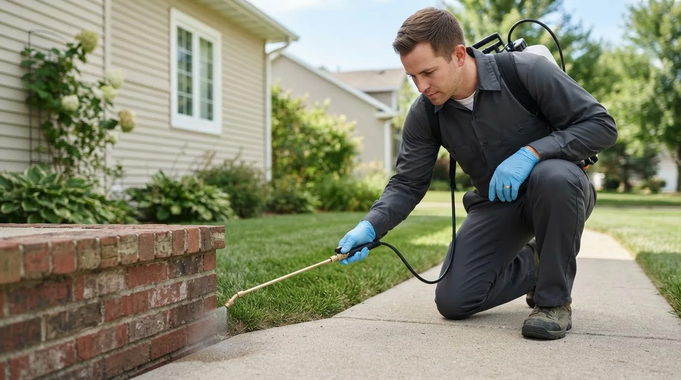 Pest control technician treating a home near Linton, IN