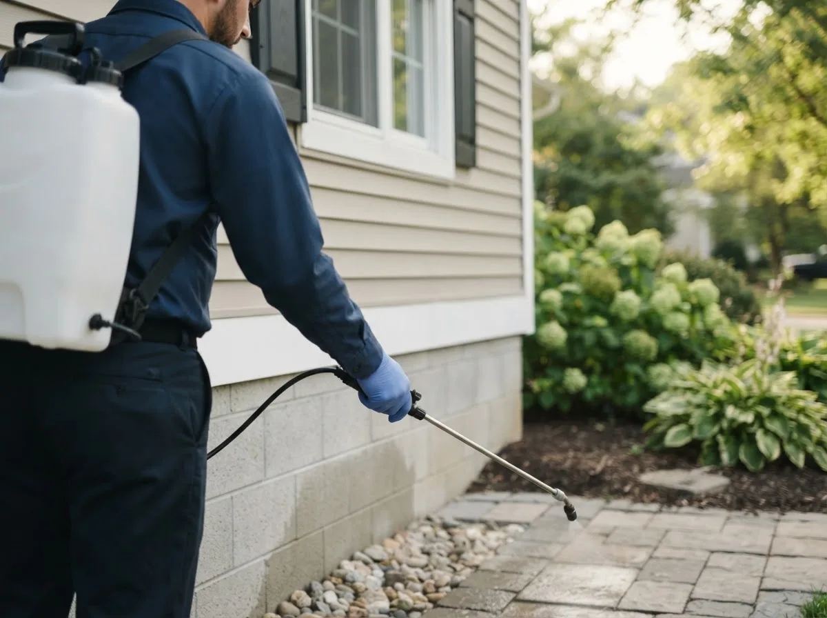 Pest control technician inspecting a home in Linton, IN